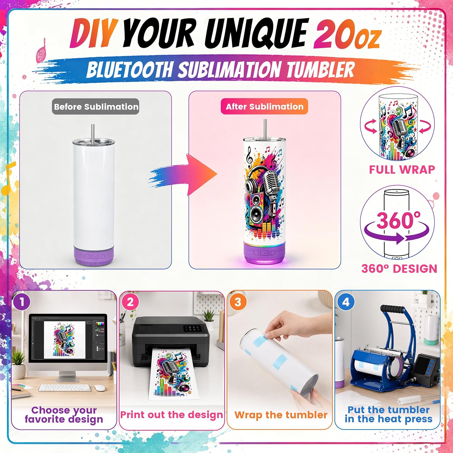 10 Pack 20oz Sublimation Bluetooth Speaker Tumblers - Colorful