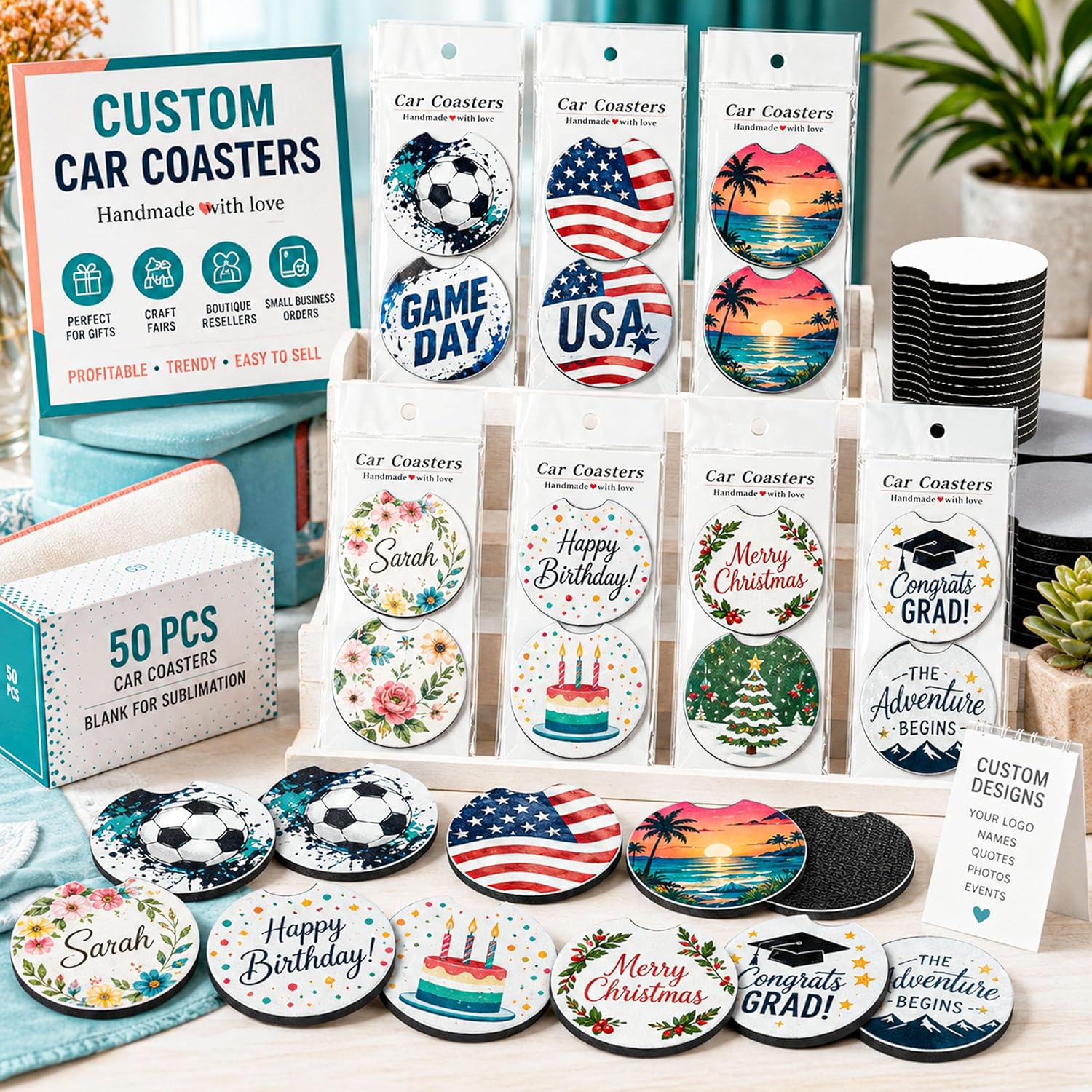Sublimation Car Coasters – 50 Pack with Bags
