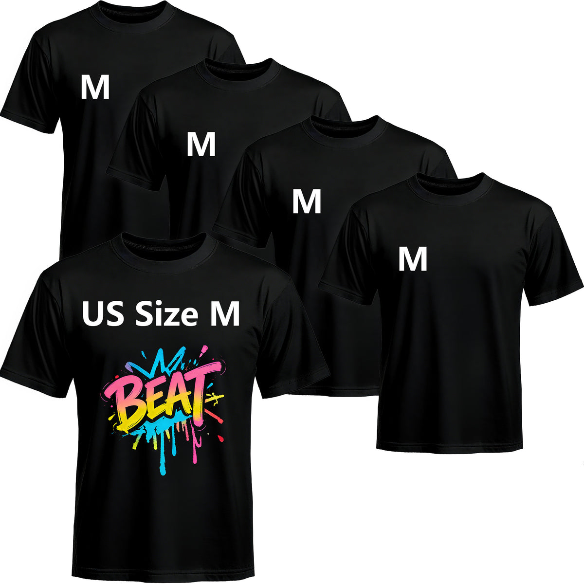 5 Pack Black Blank Polyester T-Shirts – Crew Neck Short Sleeve - M