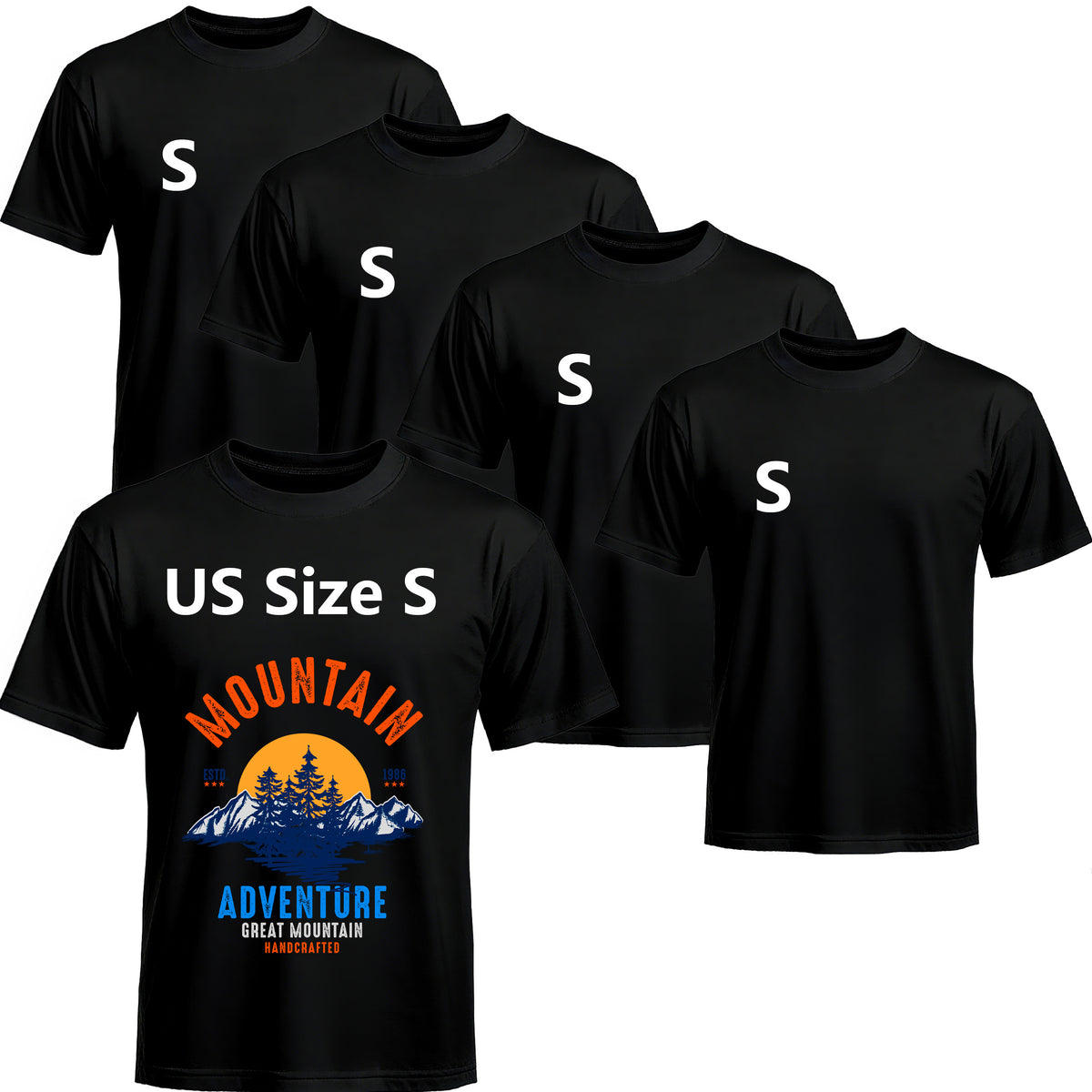 5 Pack Black Blank Polyester T-Shirts – Crew Neck Short Sleeve - S