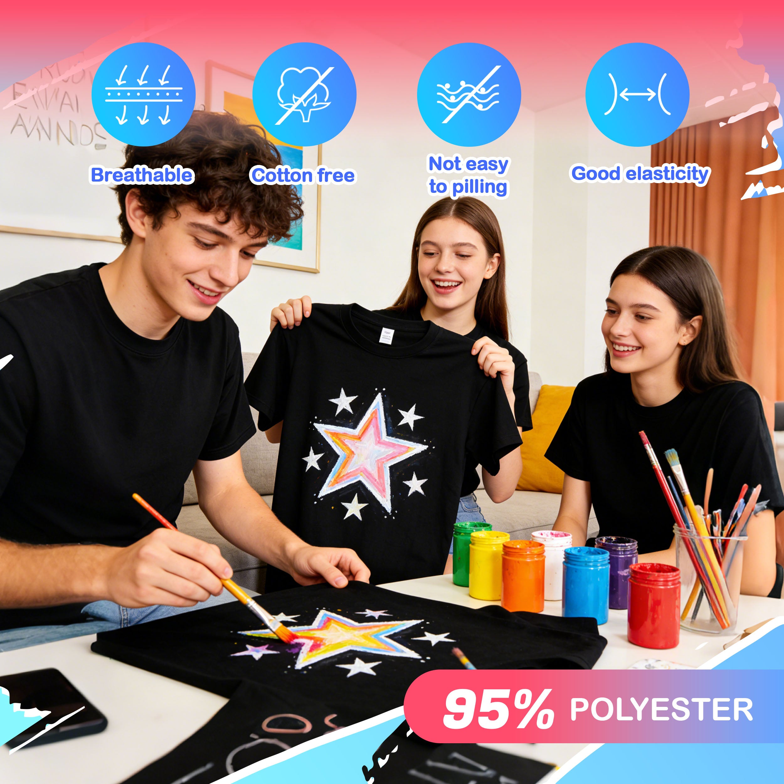 5 Pack Black Blank Polyester T-Shirts – Crew Neck Short Sleeve - S