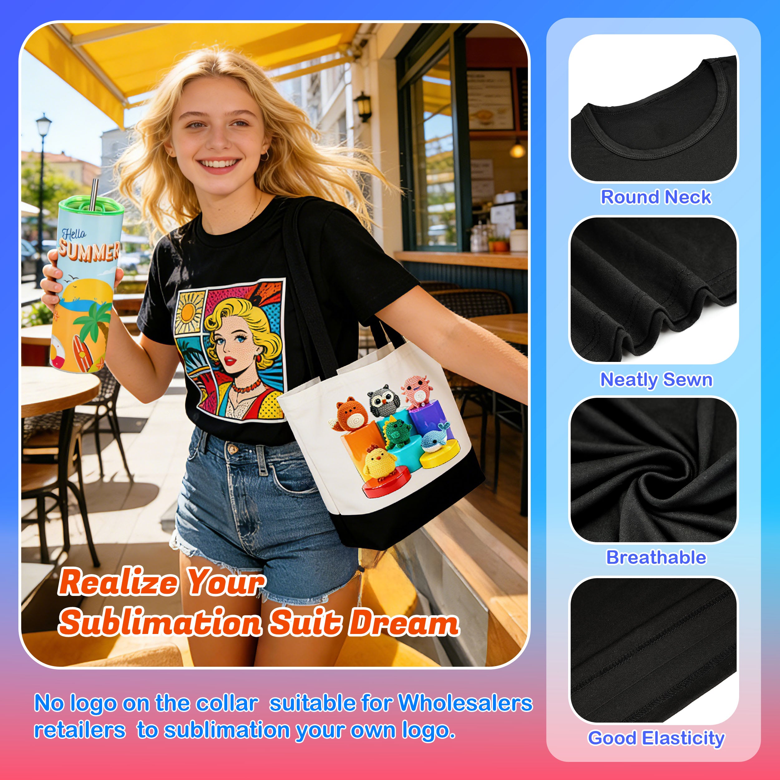 5 Pack Black Blank Polyester T-Shirts – Crew Neck Short Sleeve - S