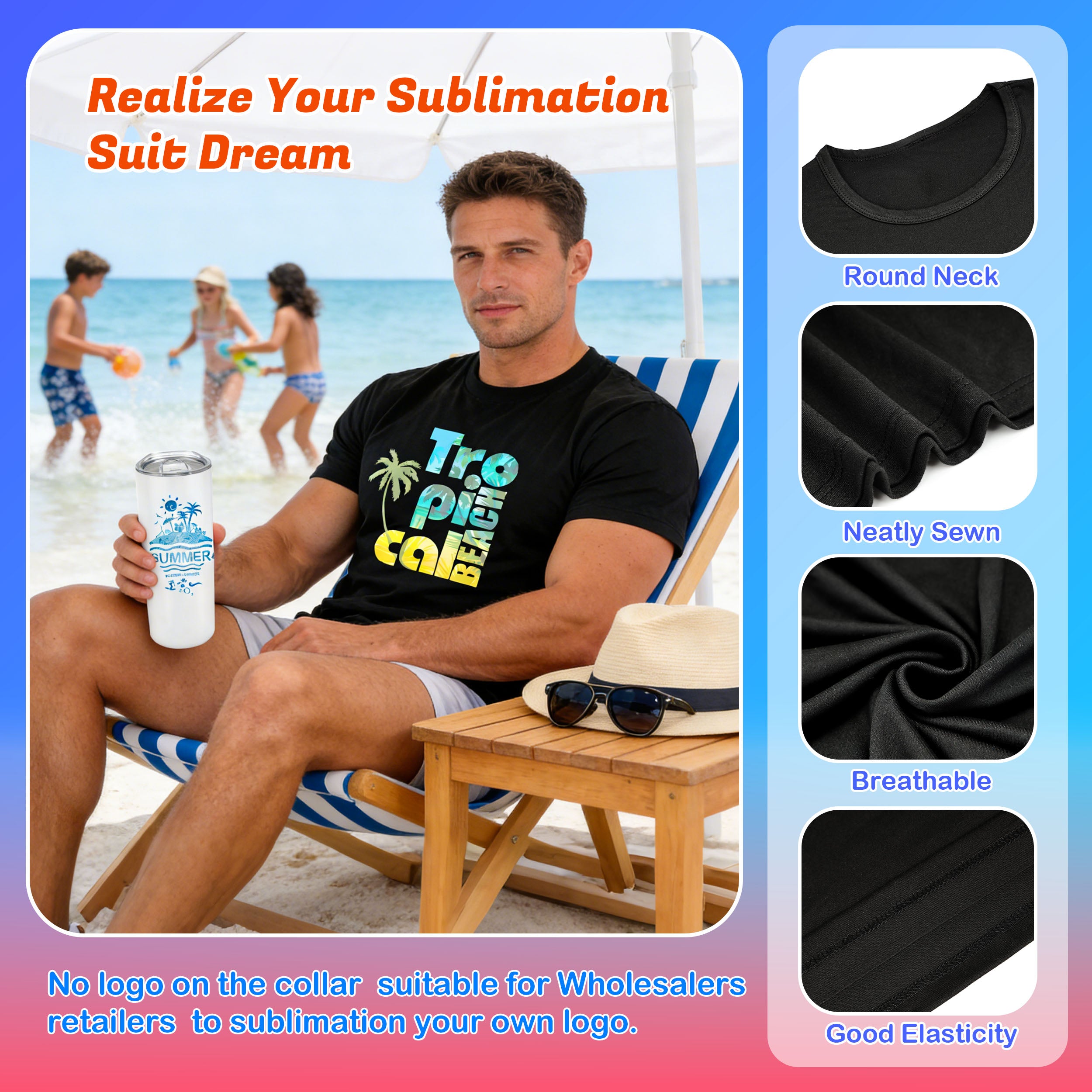 5 Pack Black Blank Polyester T-Shirts – Crew Neck Short Sleeve - XXL
