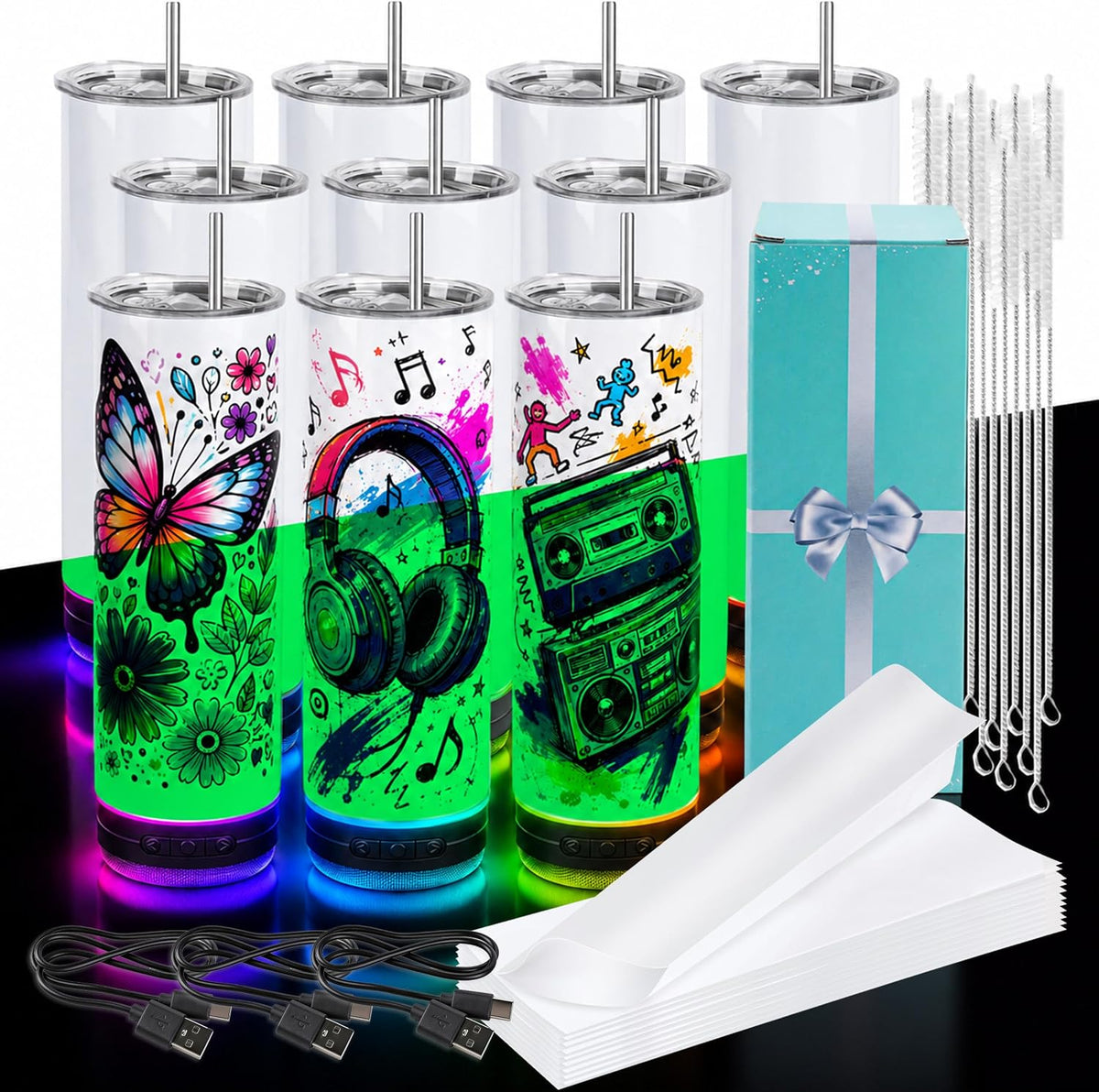 10 Pack 20oz Sublimation Bluetooth Speaker Tumblers - Glow in the Dark