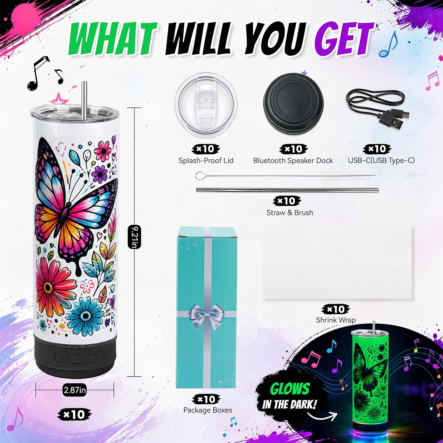10 Pack 20oz Sublimation Bluetooth Speaker Tumblers - Glow in the Dark