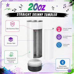 10 Pack 20oz Sublimation Bluetooth Speaker Tumblers - Glow in the Dark