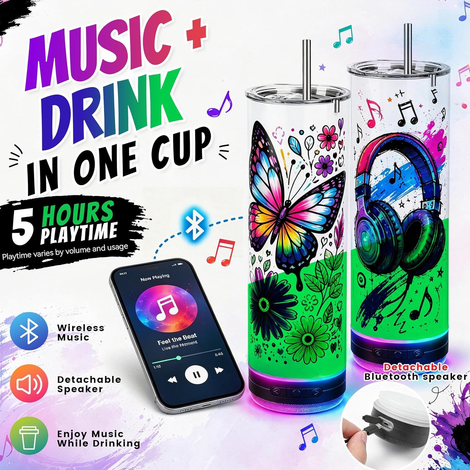 10 Pack 20oz Sublimation Bluetooth Speaker Tumblers - Glow in the Dark