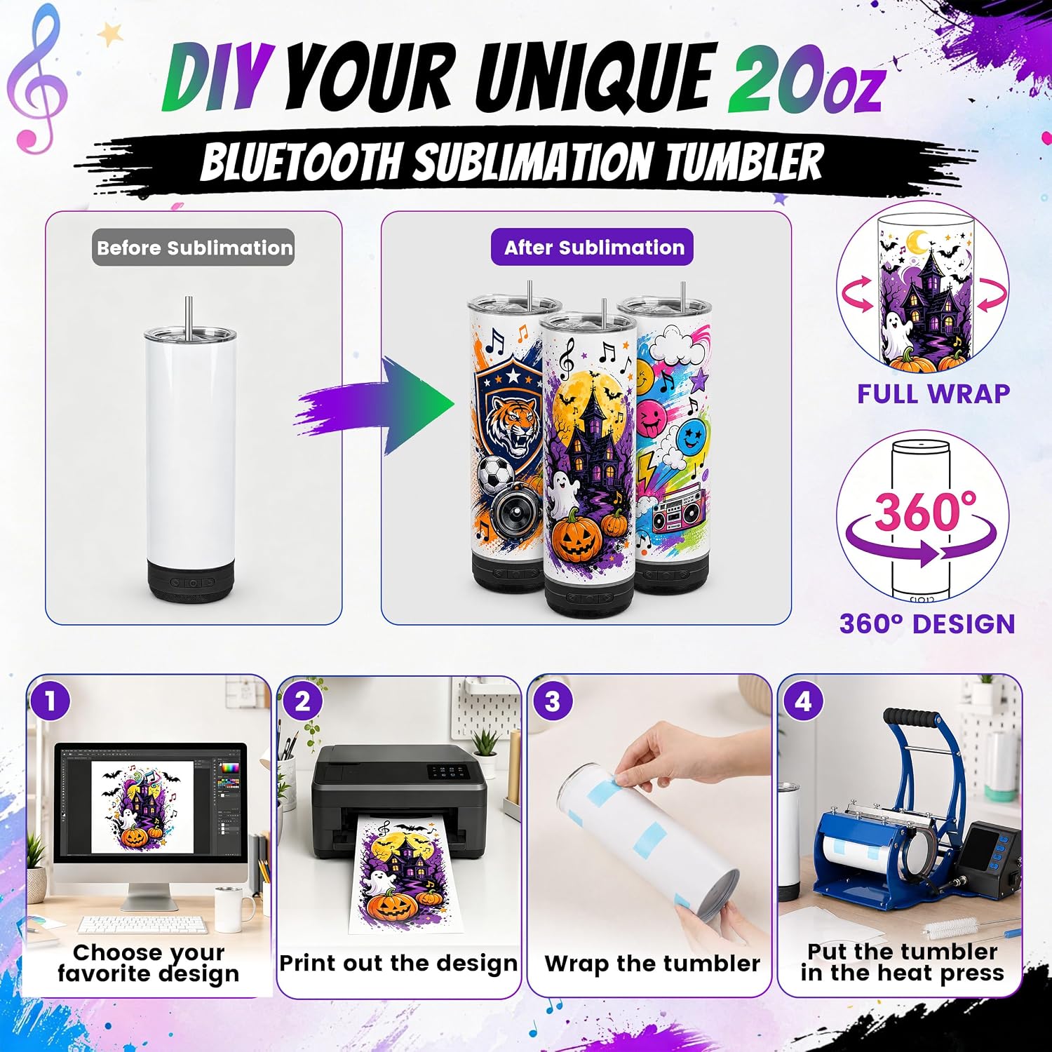 10 Pack 20oz Sublimation Bluetooth Speaker Tumblers - Glow in the Dark