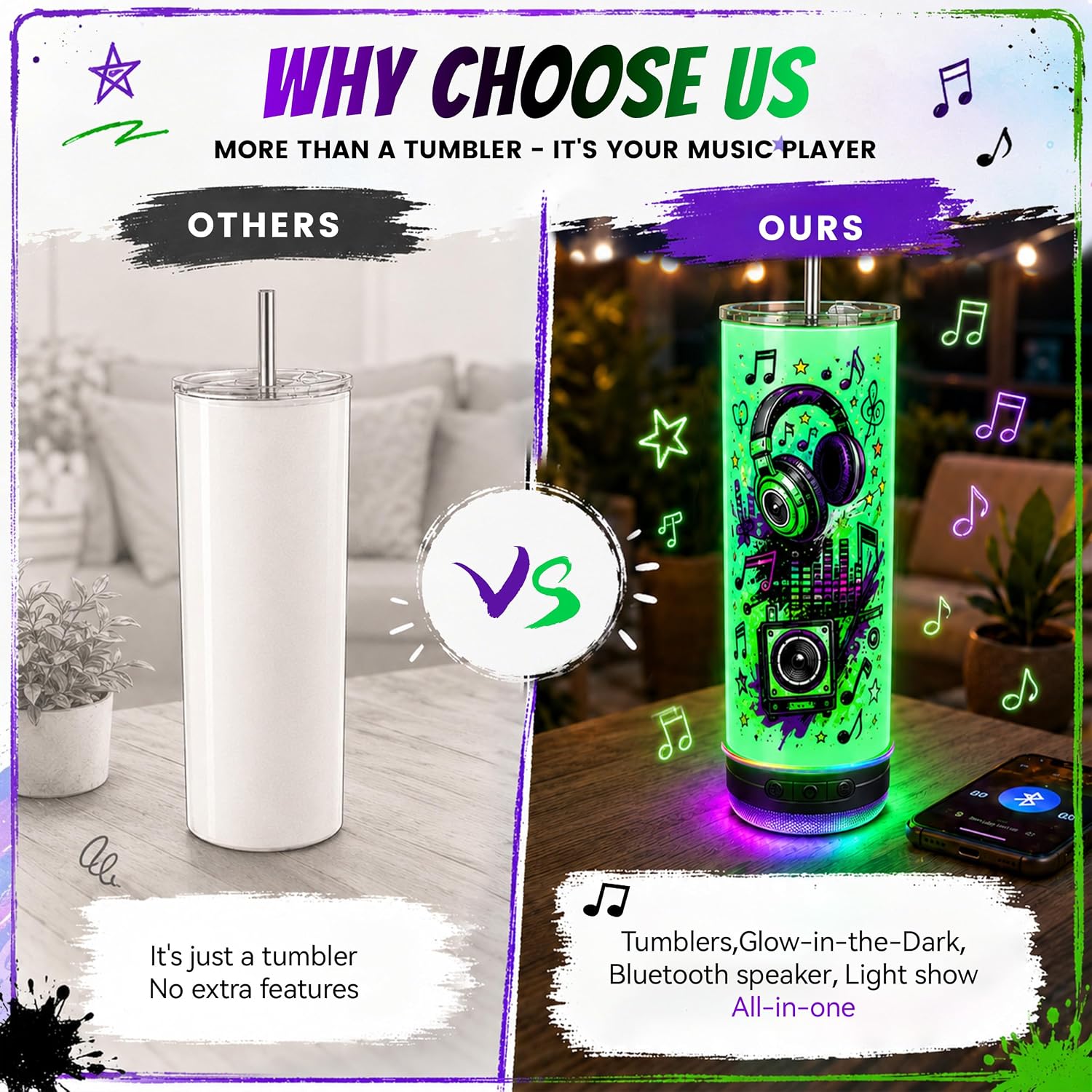 10 Pack 20oz Sublimation Bluetooth Speaker Tumblers - Glow in the Dark