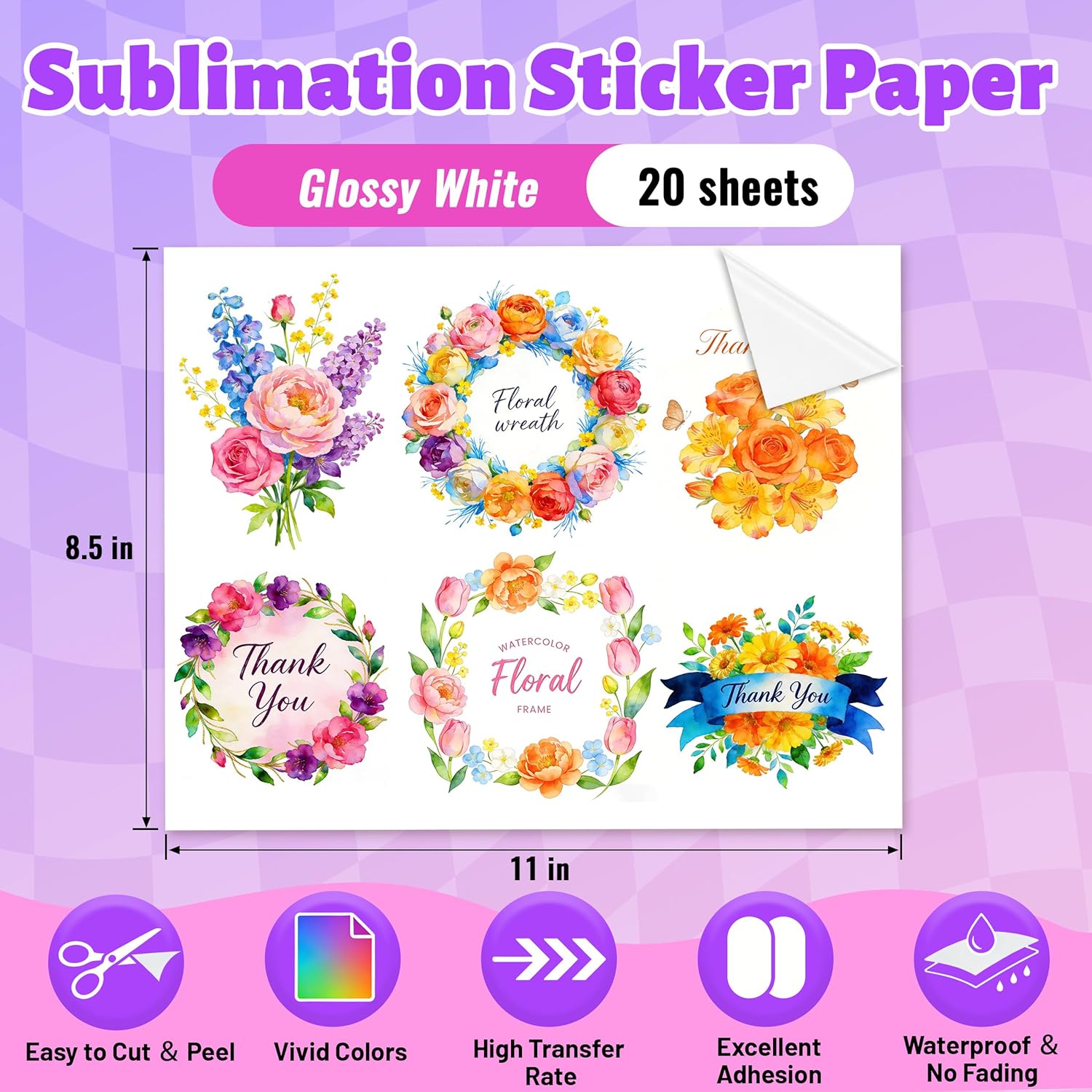 Sublimation Sticker Paper – 8.5×11 Waterproof Glossy Vinyl (20 Sheets)