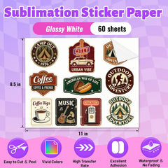 Sublimation Sticker Paper – 8.5×11 Waterproof Glossy Vinyl (60 Sheets)