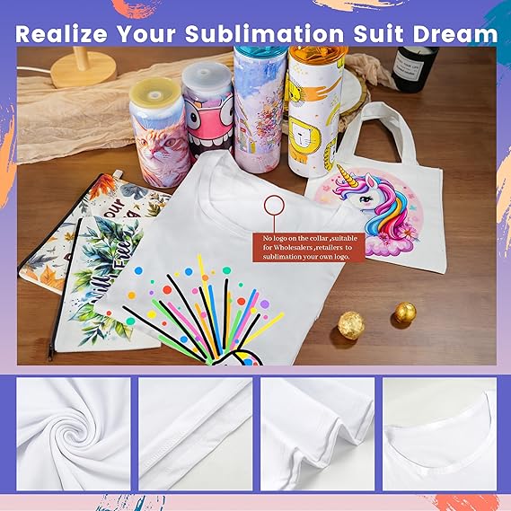 5 Pack Sublimation T-Shirts Bulk – Unisex White Polyester for Heat Transfer - M