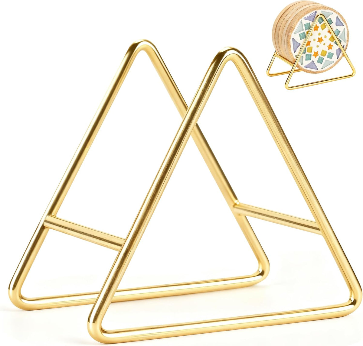 Triangle Coaster Holder 4.3 in Gold Iron Metal Stand for 5 Coasters