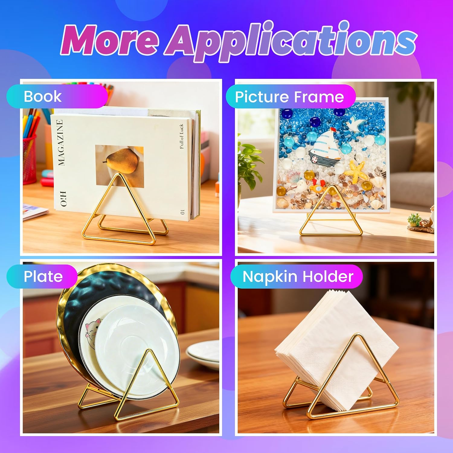 Triangle Coaster Holder 4.3 in Gold Iron Metal Stand for 5 Coasters