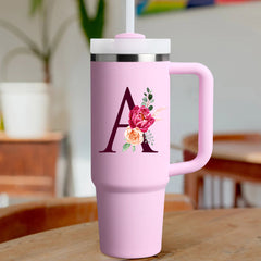 Custom Name Flowers Initial Tumbler With Handle 40 oz (Cherry Blossom) - Custom Creations