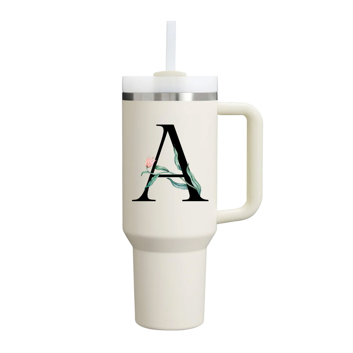 【Personalized】Custom Name Flowers & Leaves Initial Tumbler With Handle 40oz (Cream)