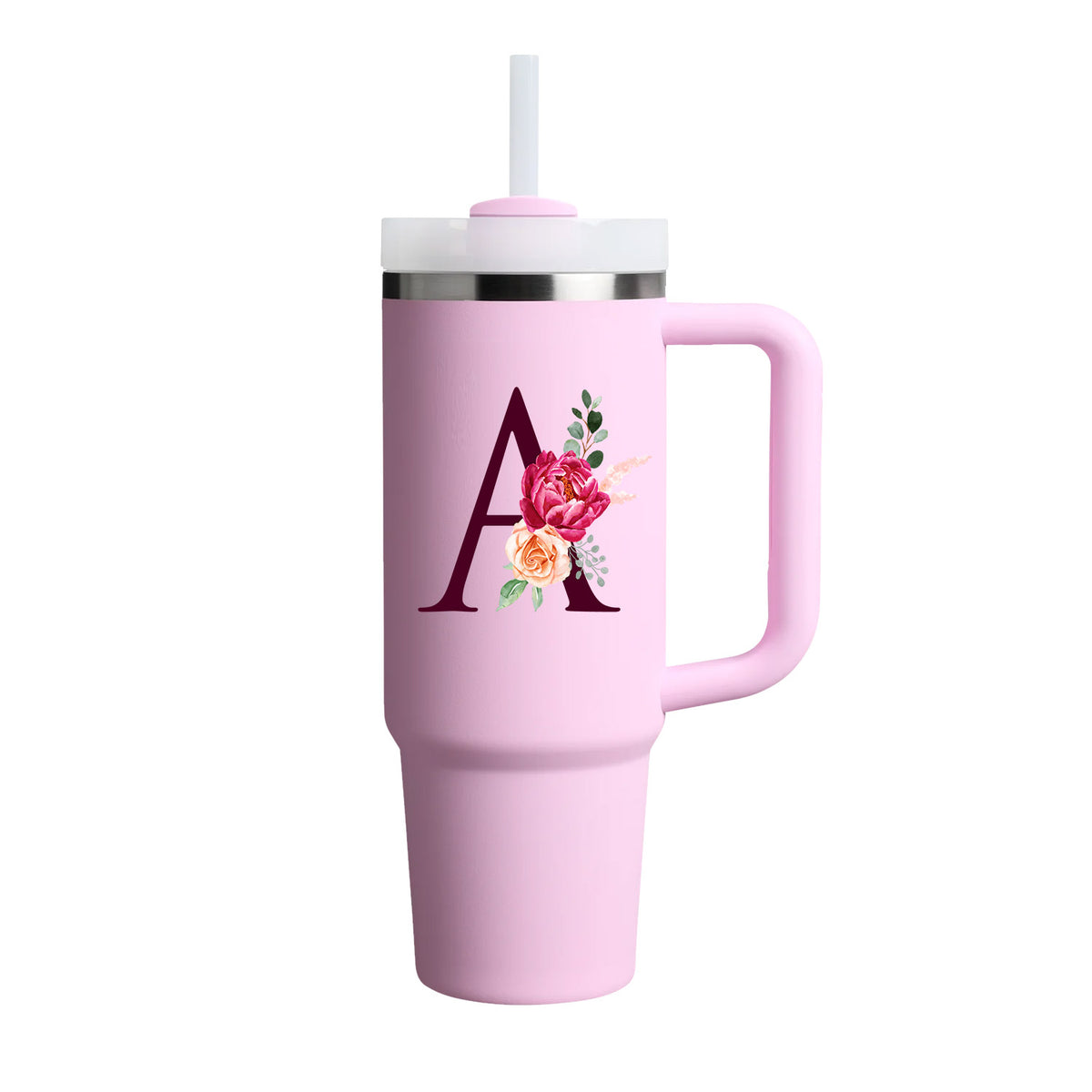 Custom Name Flowers Initial Tumbler With Handle 40 oz (Cherry Blossom) - Custom Creations