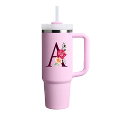 Custom Name Flowers Initial Tumbler With Handle 40 oz (Cherry Blossom) - Custom Creations