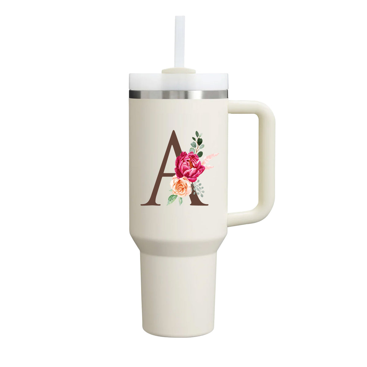 Custom Name Flowers Initial Tumbler With Handle 40 oz (Cream) - Custom Creations