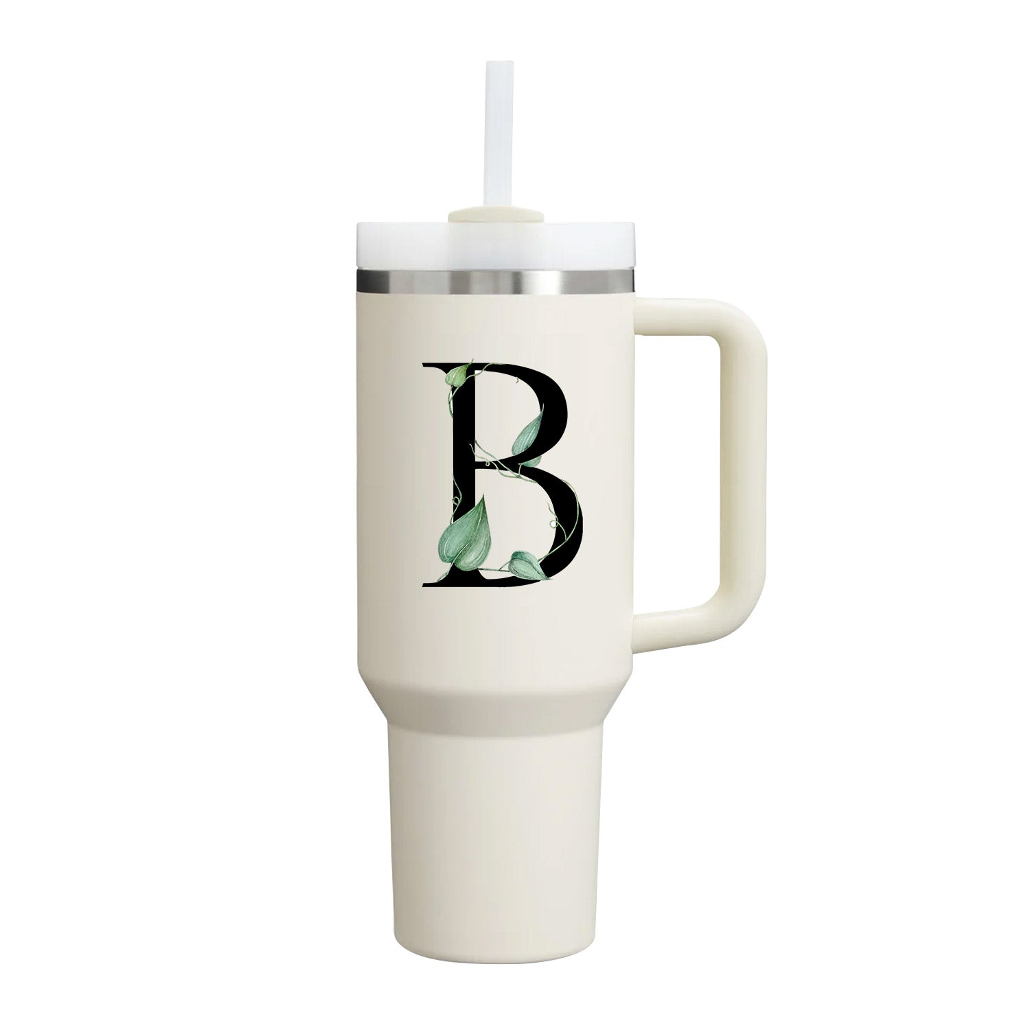 【Personalized】Custom Name Flowers & Leaves Initial Tumbler With Handle 40oz (Cream)