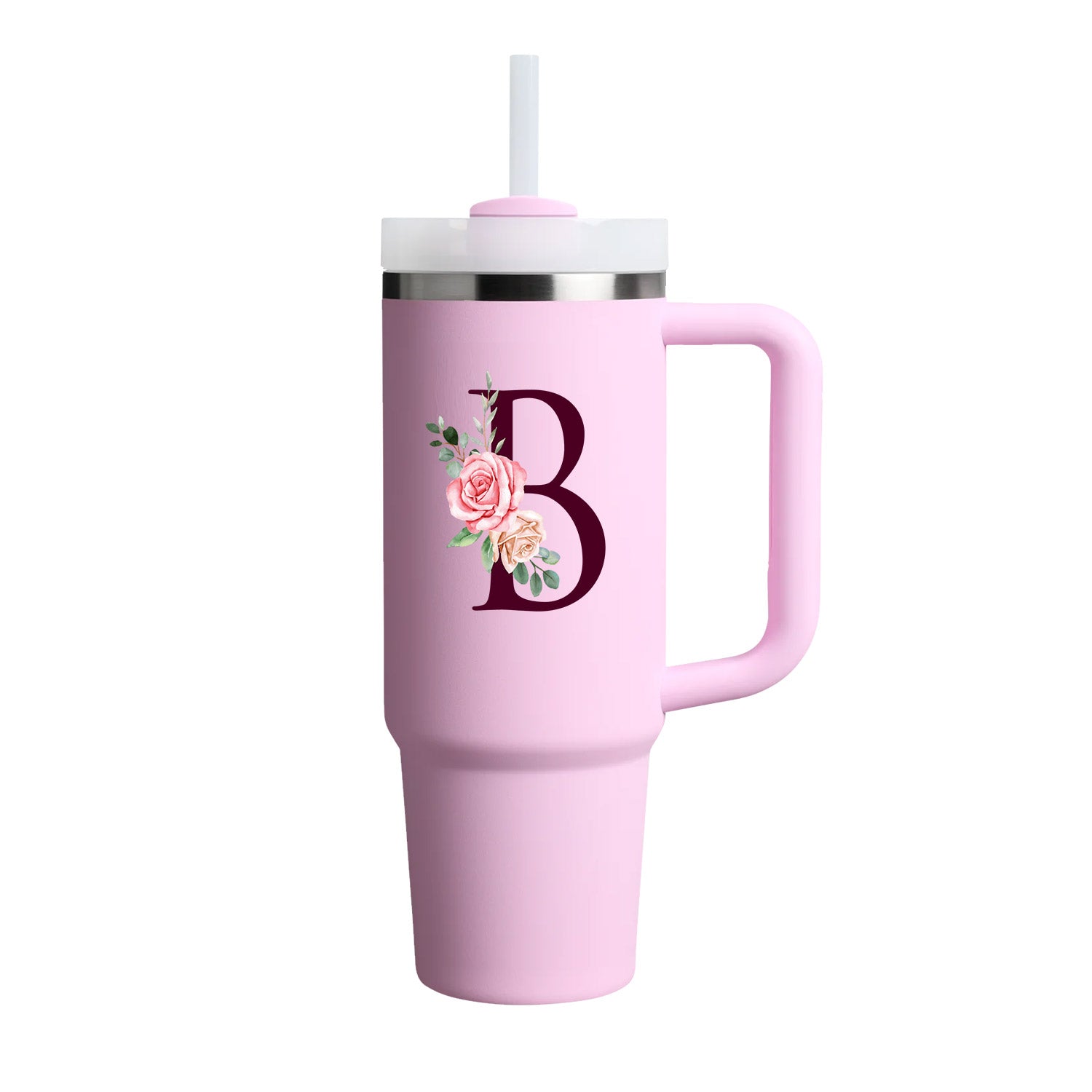 Custom Name Flowers Initial Tumbler With Handle 40 oz (Cherry Blossom) - Custom Creations