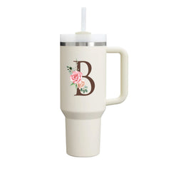 Custom Name Flowers Initial Tumbler With Handle 40 oz (Cream) - Custom Creations