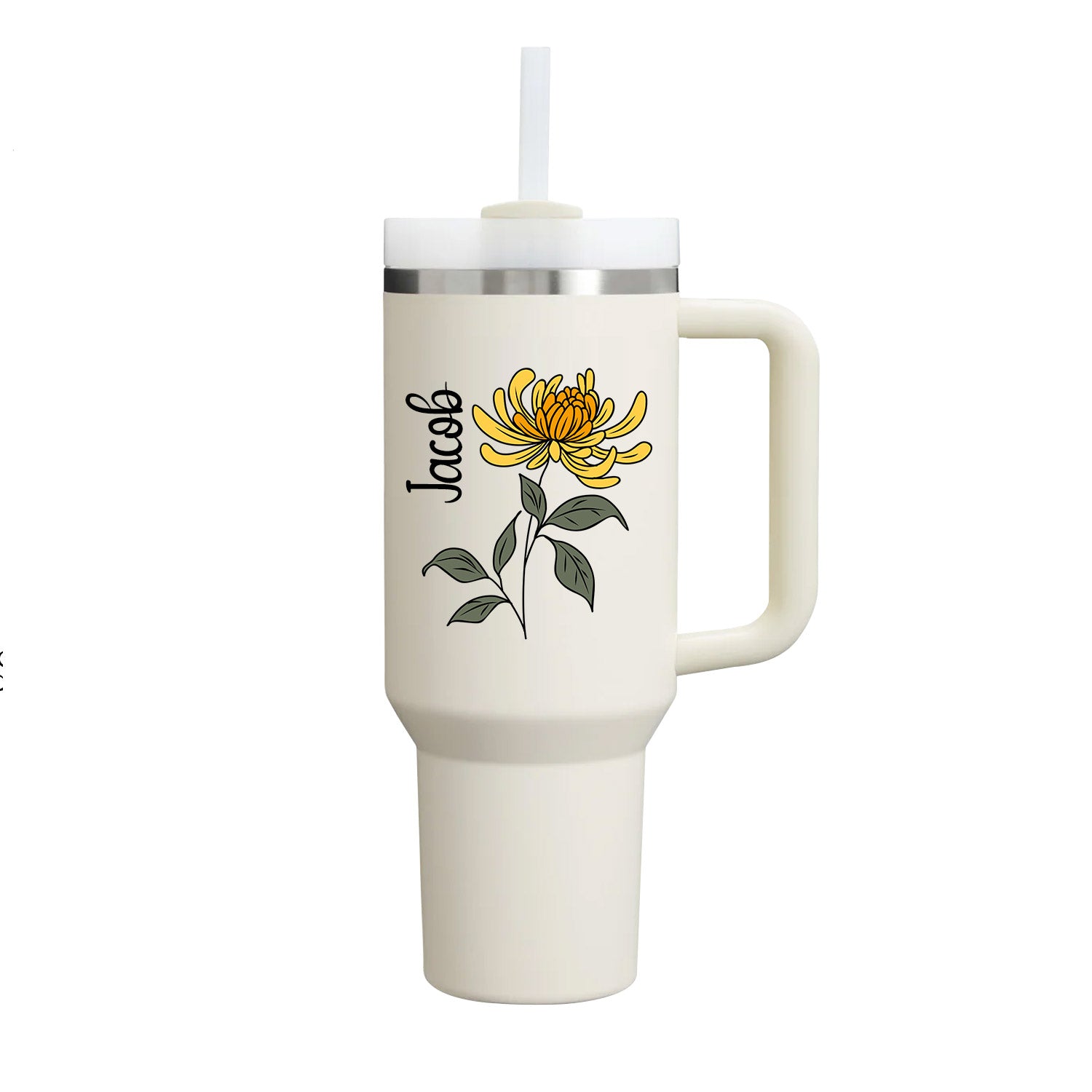 40 oz Tumbler with Birth Flower and Custom Name(Cream)
