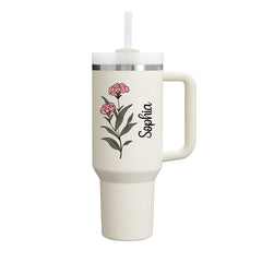 40 oz Tumbler with Birth Flower and Custom Name(Cream) - Custom Creations