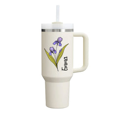 40 oz Tumbler with Birth Flower and Custom Name(Cream) - Custom Creations