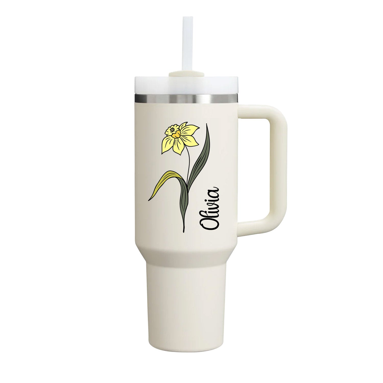 40 oz Tumbler with Birth Flower and Custom Name(Cream)