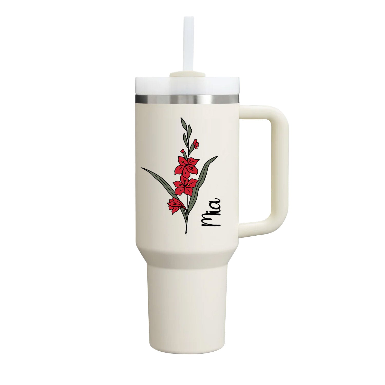 40 oz Tumbler with Birth Flower and Custom Name(Cream)
