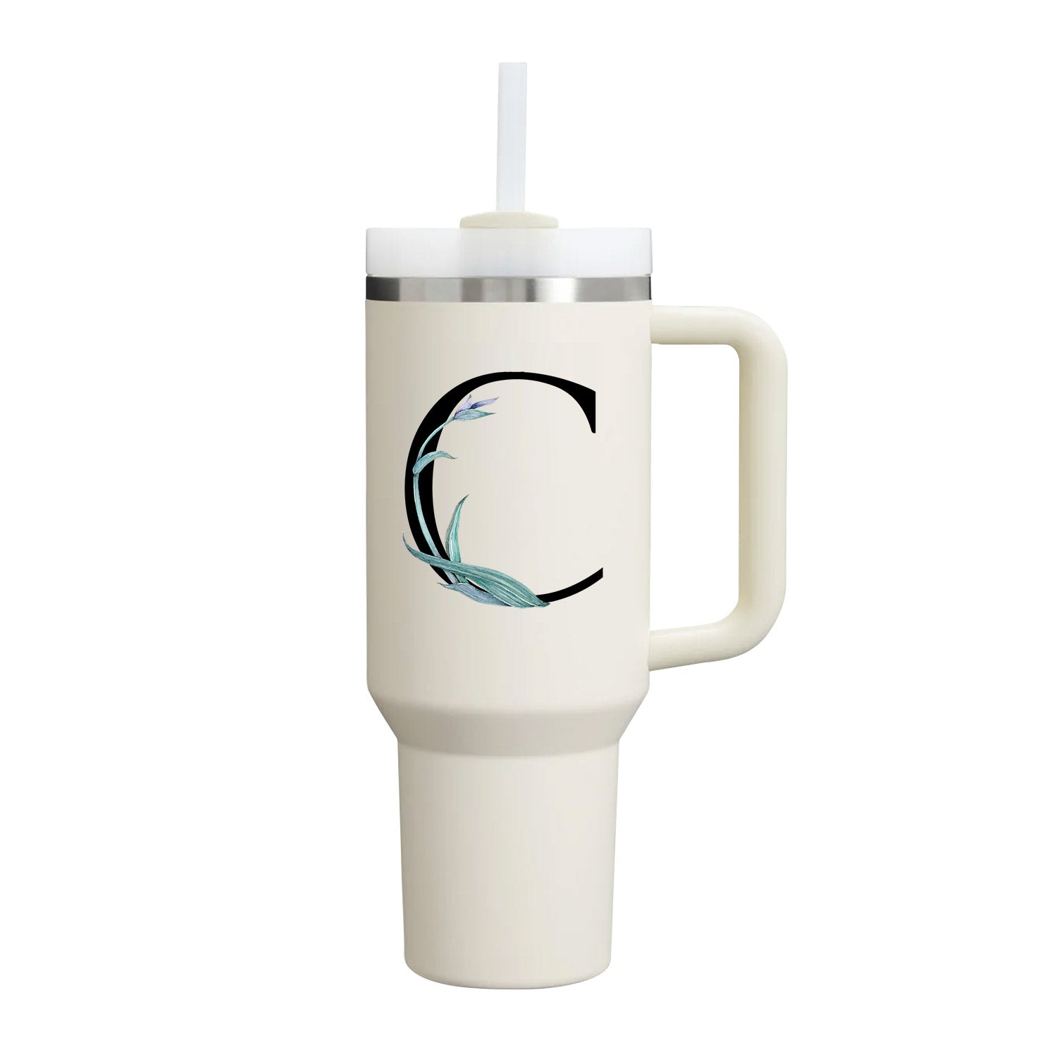 【Personalized】Custom Name Flowers & Leaves Initial Tumbler With Handle 40oz (Cream)