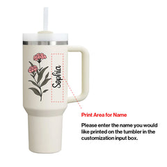 40 oz Tumbler with Birth Flower and Custom Name(Cream) - Custom Creations
