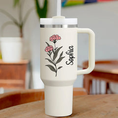 40 oz Tumbler with Birth Flower and Custom Name(Cream) - Custom Creations