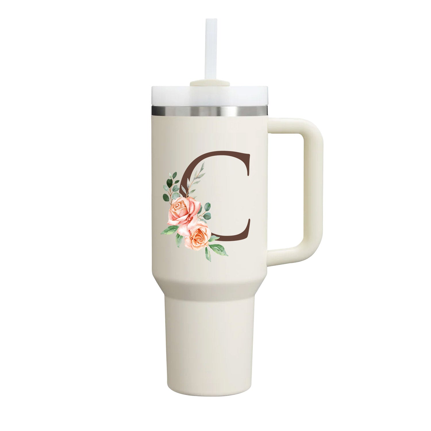 Custom Name Flowers Initial Tumbler With Handle 40 oz (Cream) - Custom Creations