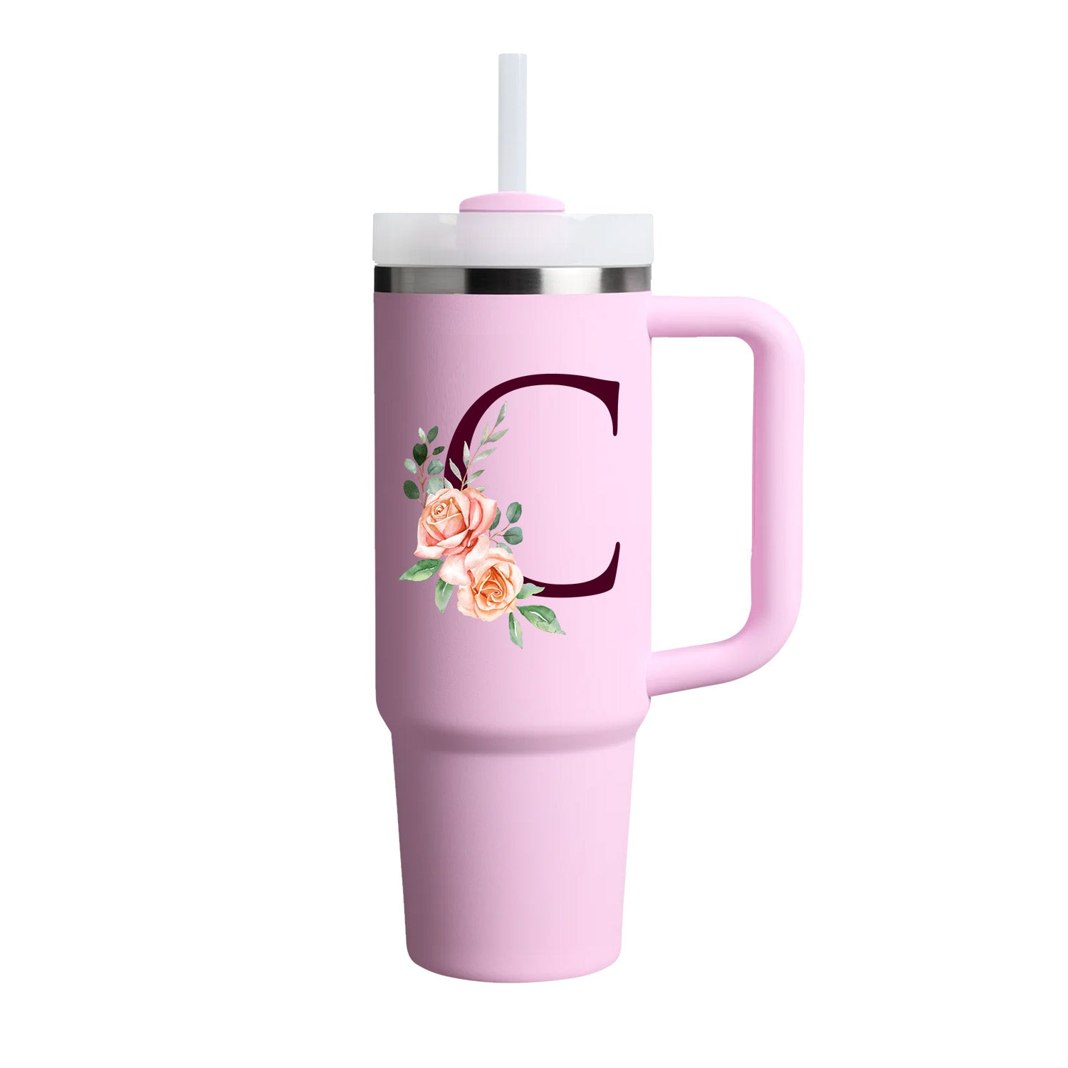 Custom Name Flowers Initial Tumbler With Handle 40 oz (Cherry Blossom) - Custom Creations