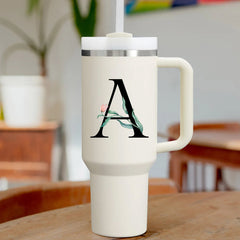 【Personalized】Custom Name Flowers & Leaves Initial Tumbler With Handle 40oz (Cream)