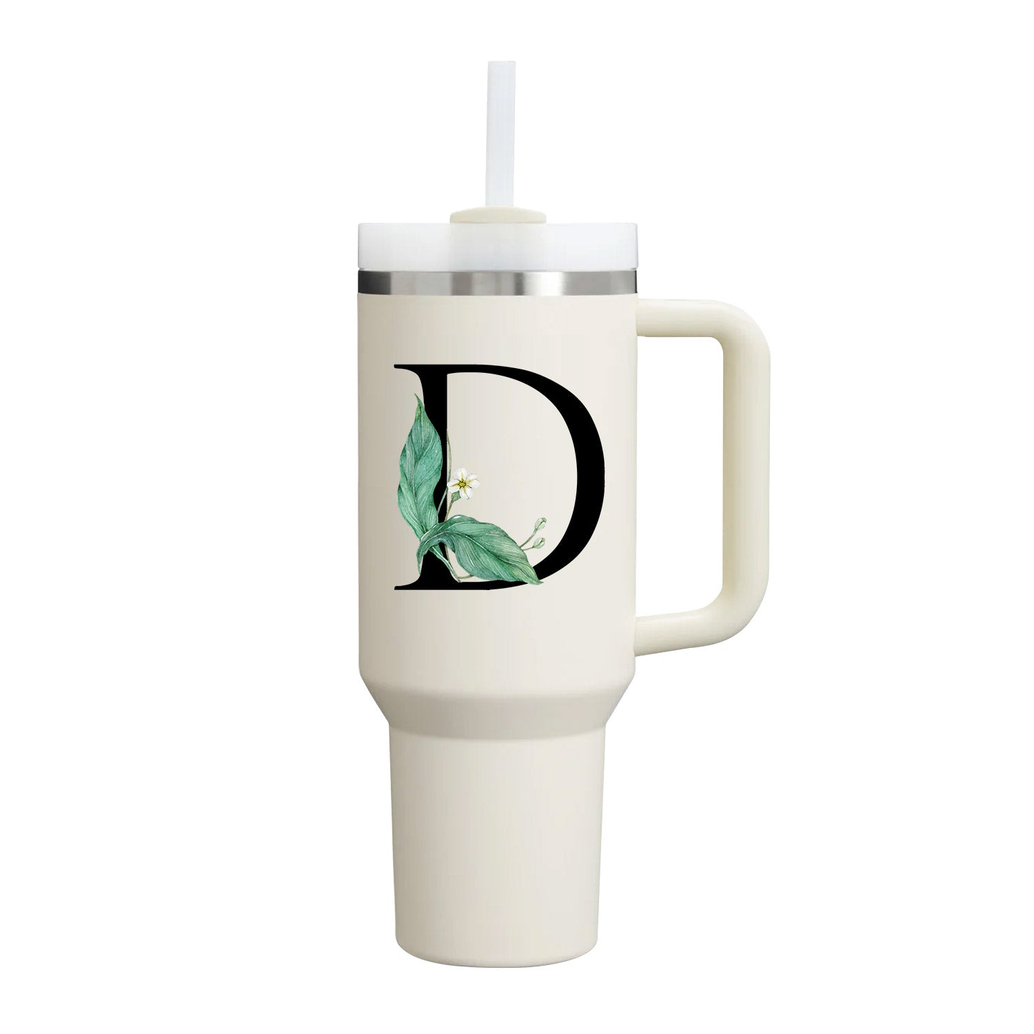 【Personalized】Custom Name Flowers & Leaves Initial Tumbler With Handle 40oz (Cream)