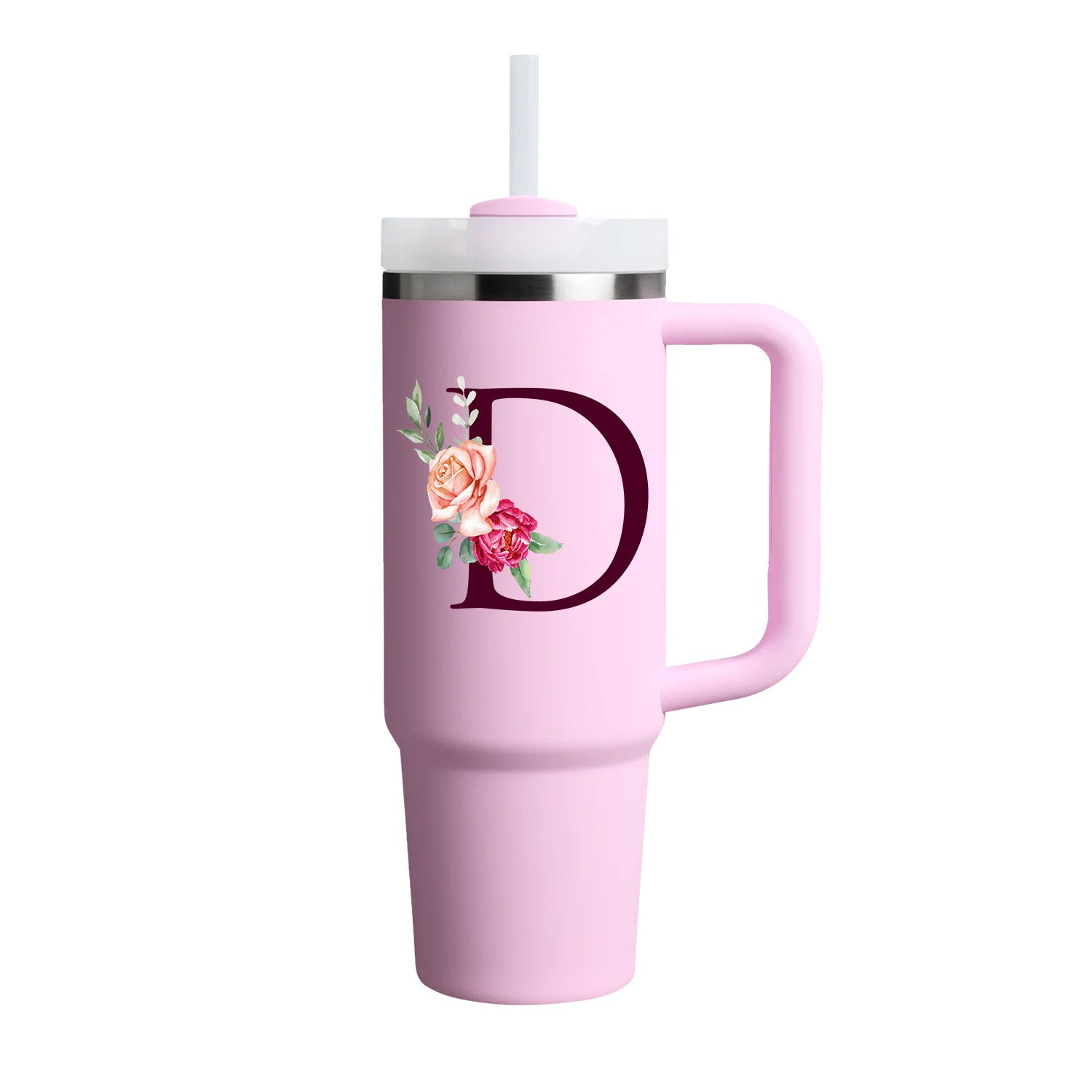 Custom Name Flowers Initial Tumbler With Handle 40 oz (Cherry Blossom) - Custom Creations