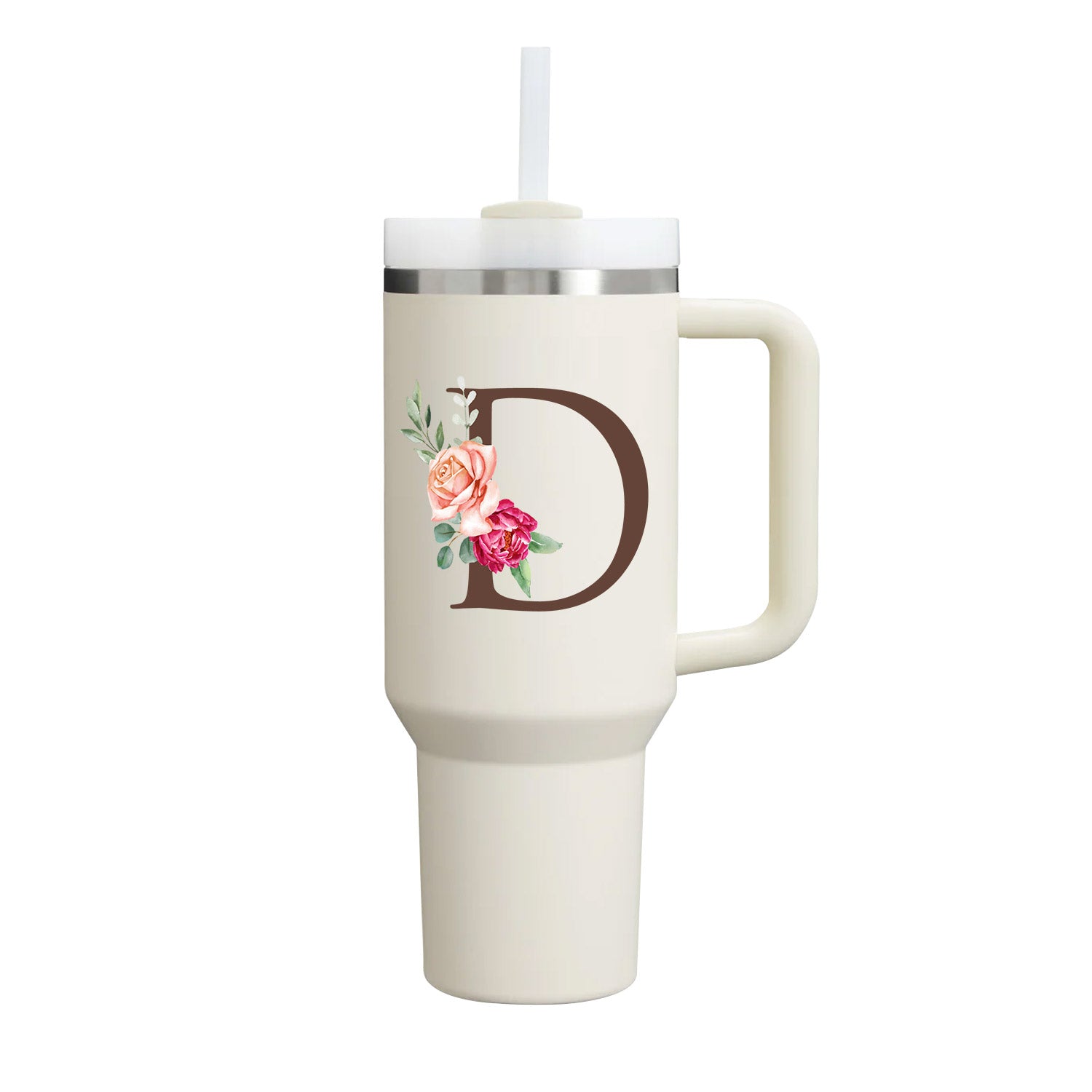 Custom Name Flowers Initial Tumbler With Handle 40 oz (Cream) - Custom Creations
