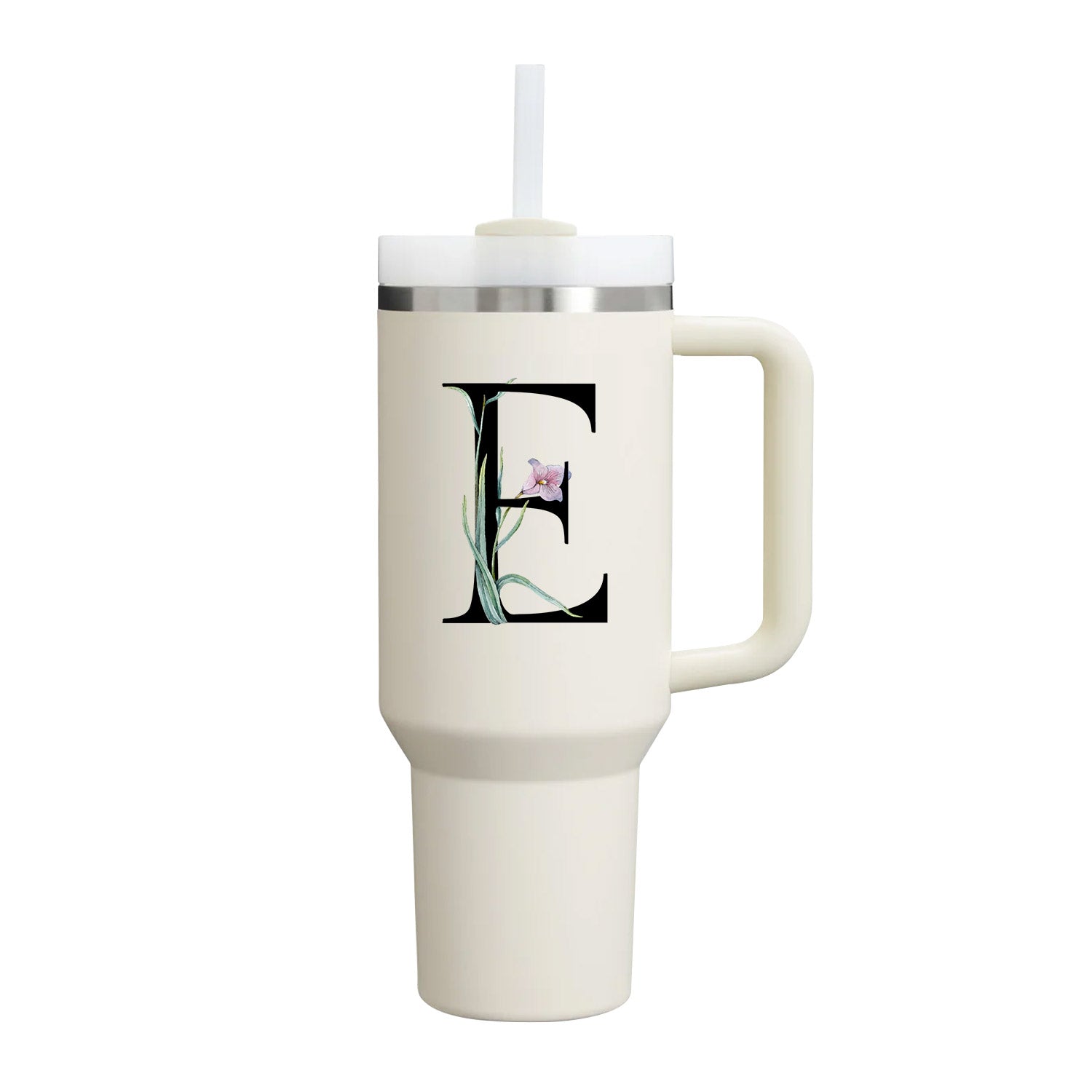 【Personalized】Custom Name Flowers & Leaves Initial Tumbler With Handle 40oz (Cream)