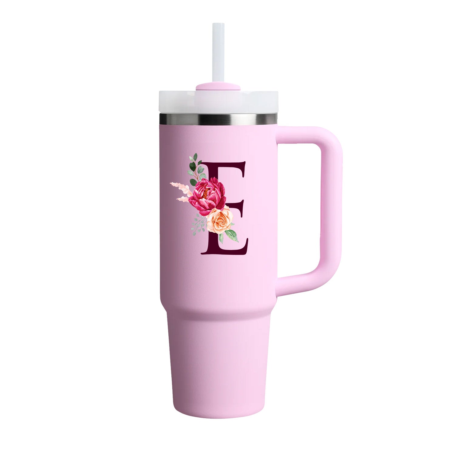 Custom Name Flowers Initial Tumbler With Handle 40 oz (Cherry Blossom) - Custom Creations