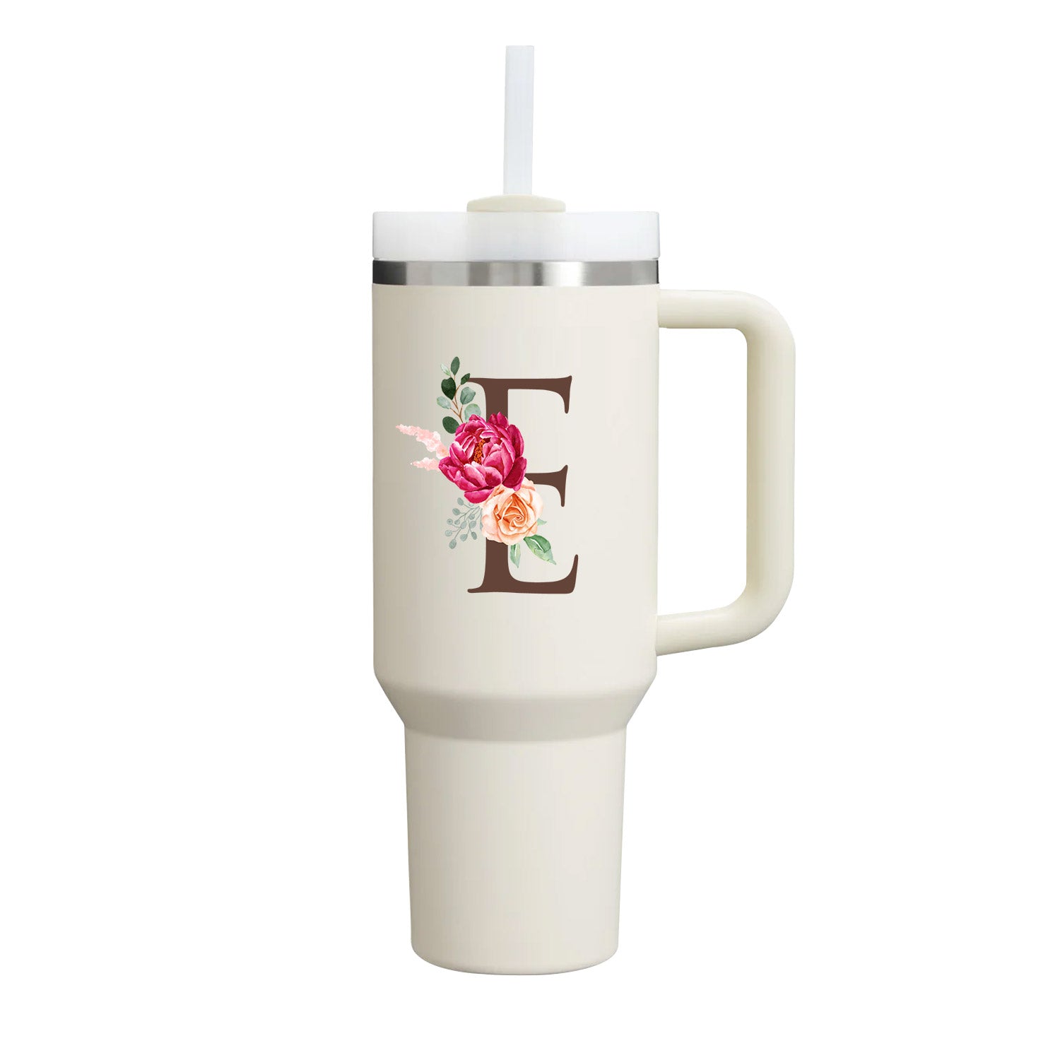 Custom Name Flowers Initial Tumbler With Handle 40 oz (Cream) - Custom Creations