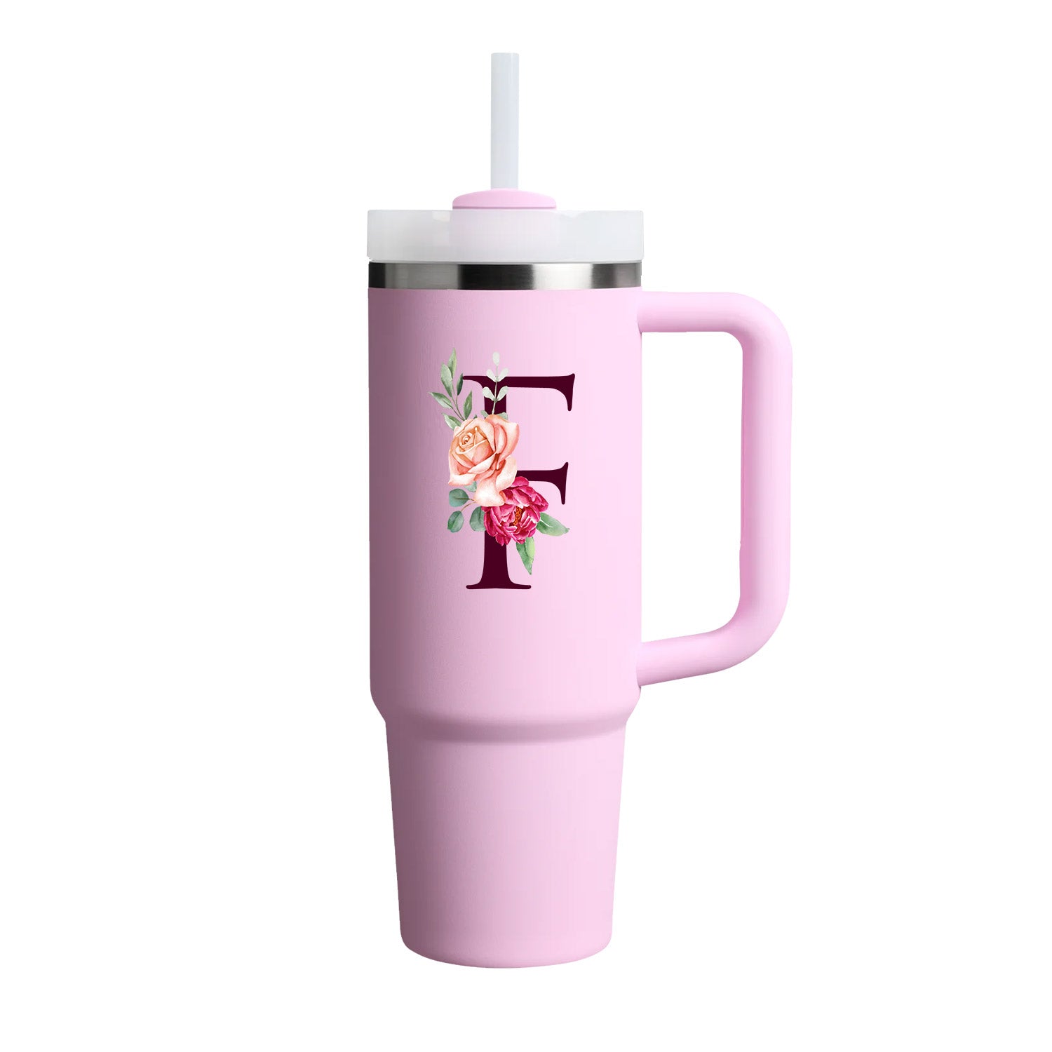 Custom Name Flowers Initial Tumbler With Handle 40 oz (Cherry Blossom) - Custom Creations