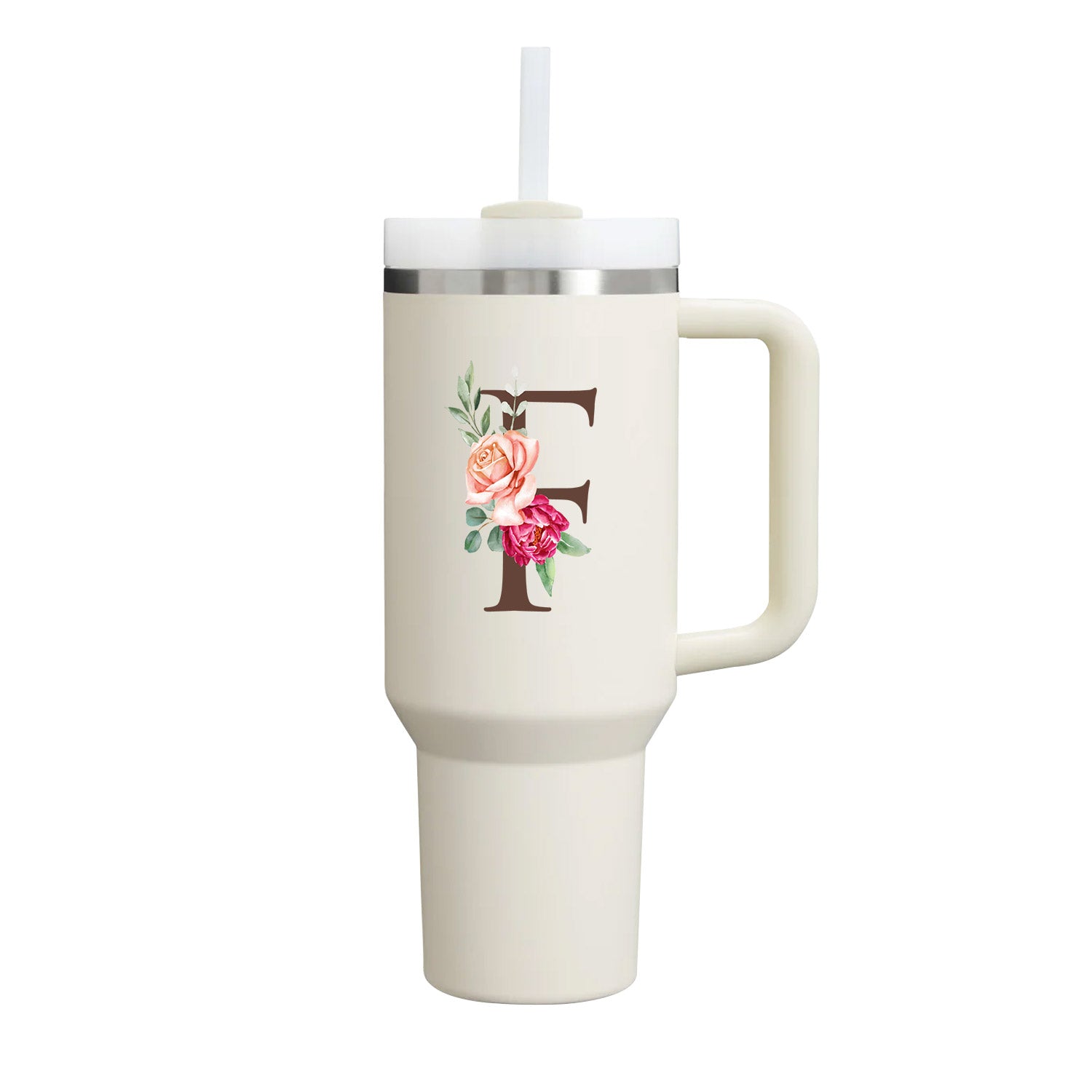 Custom Name Flowers Initial Tumbler With Handle 40 oz (Cream) - Custom Creations