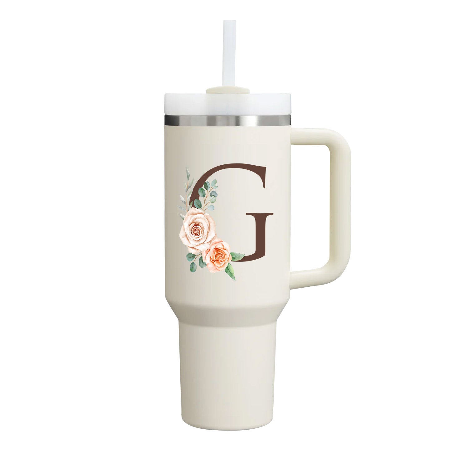 Custom Name Flowers Initial Tumbler With Handle 40 oz (Cream) - Custom Creations
