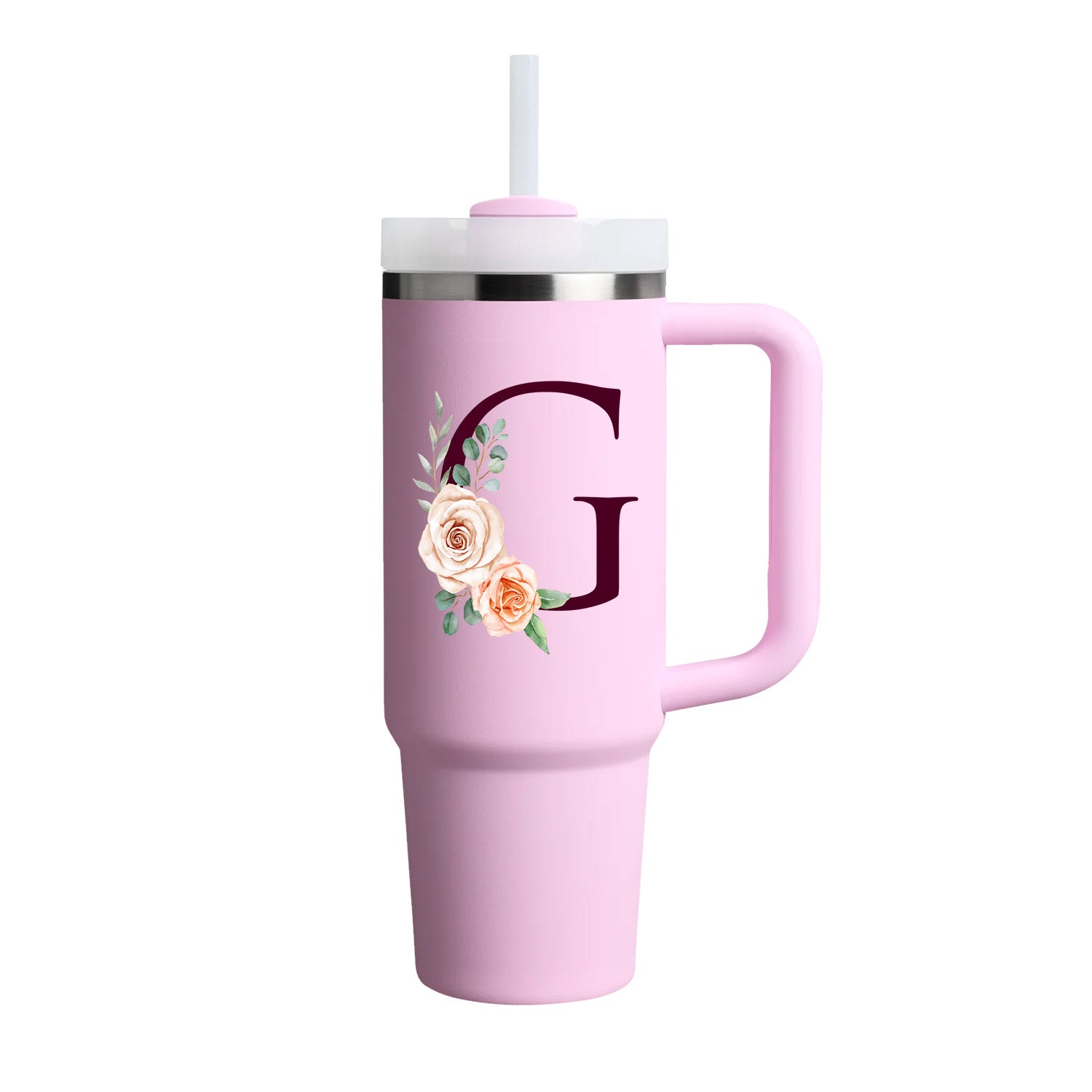 Custom Name Flowers Initial Tumbler With Handle 40 oz (Cherry Blossom) - Custom Creations