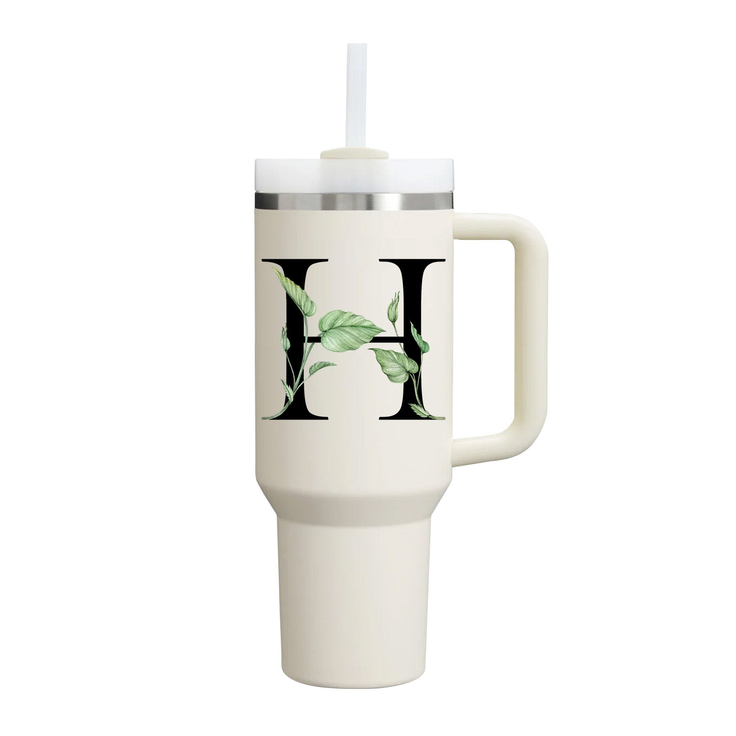 【Personalized】Custom Name Flowers & Leaves Initial Tumbler With Handle 40oz (Cream)