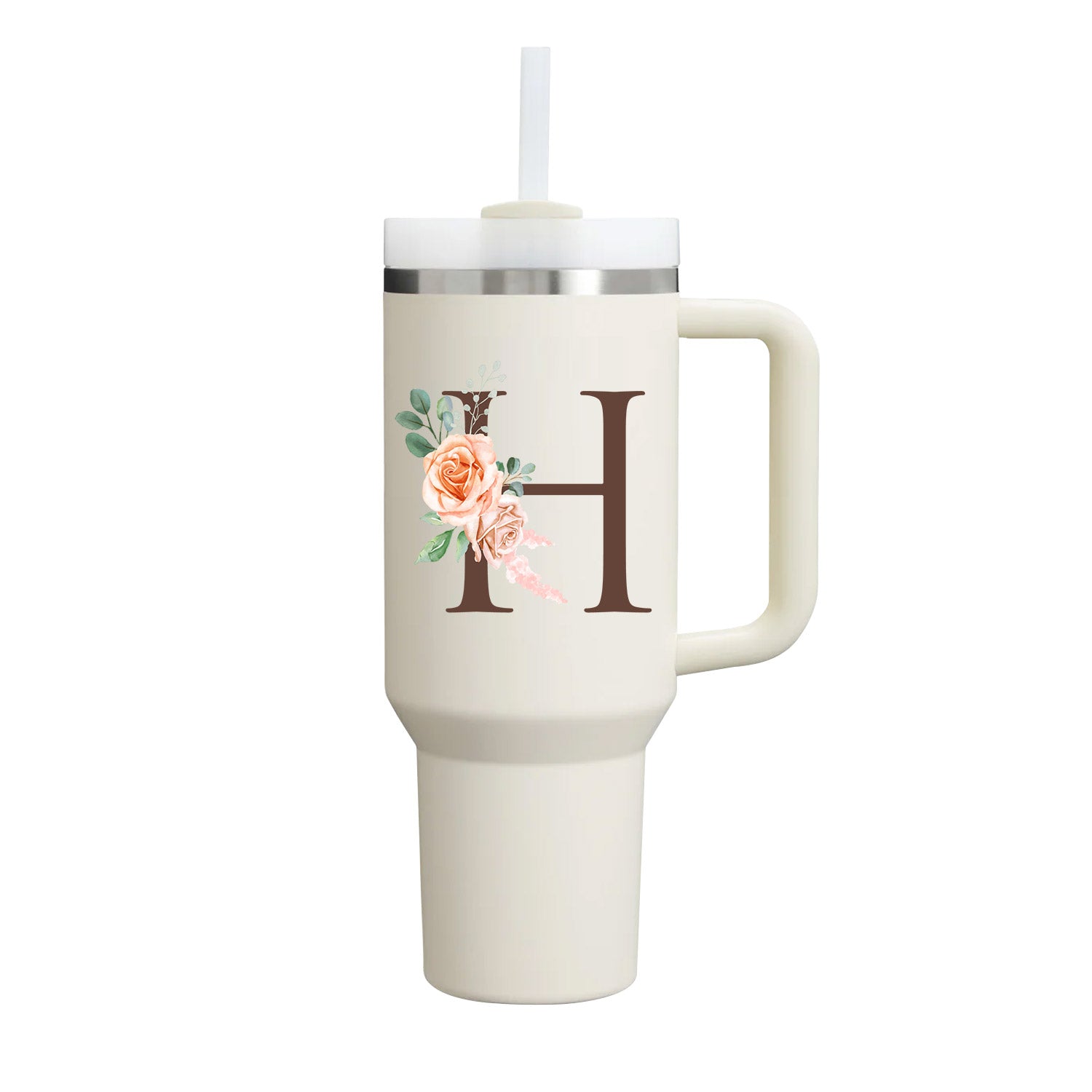 Custom Name Flowers Initial Tumbler With Handle 40 oz (Cream) - Custom Creations