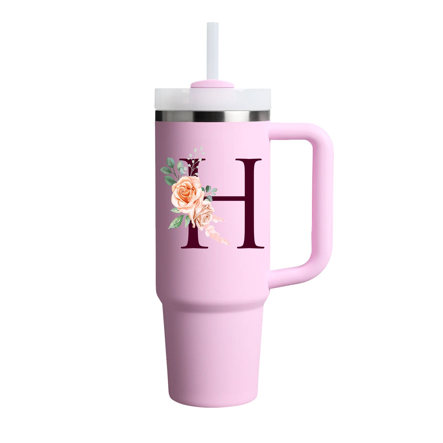 Custom Name Flowers Initial Tumbler With Handle 40 oz (Cherry Blossom) - Custom Creations